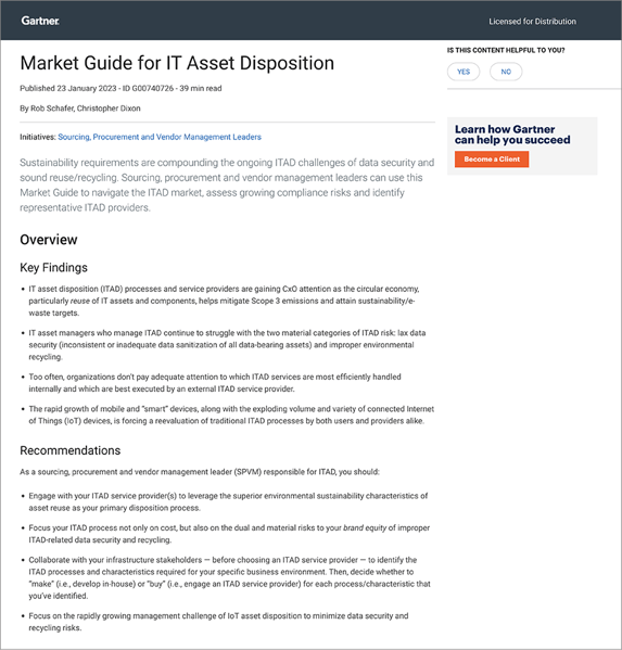 Gartner 2023 Market Guide for IT Asset Disposition Cover Page